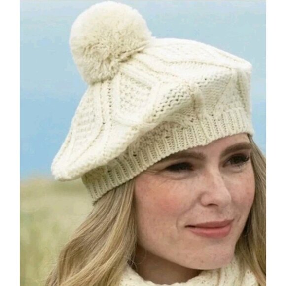 John Malloy Donegal Ireland Cream Beige Virgin Wool Hand Knit Tam Beret Hat - Picture 1 of 5